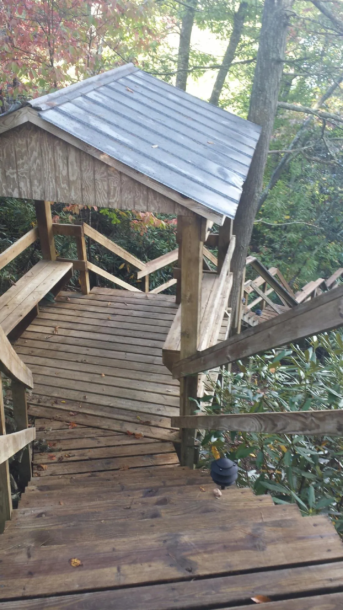 Metal roofed shelter over wooden steps on a wooded walkway — Skylight Repair & Installation work by our crew in Fort Branch